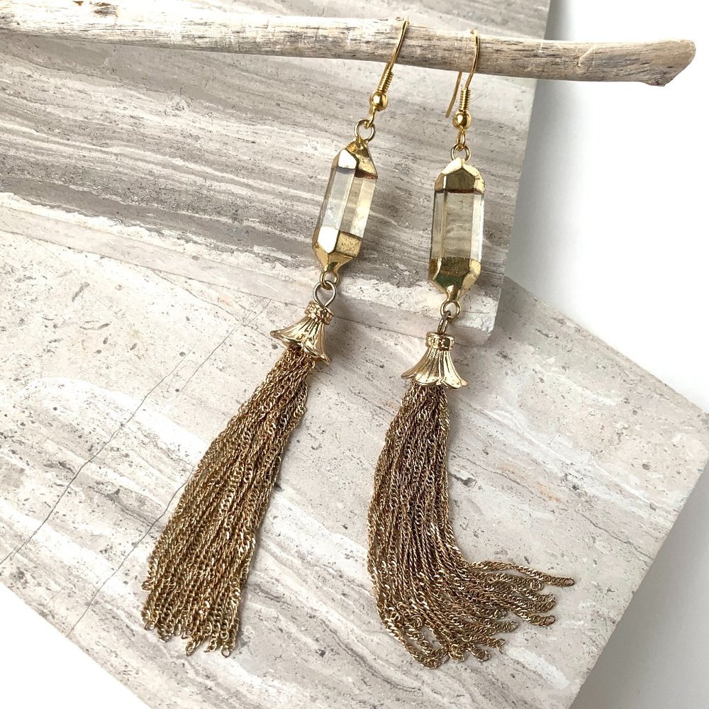 Quartz Crystal & Vintage Chain Tassel long Earrings ~ NWT Only 2 pair available!